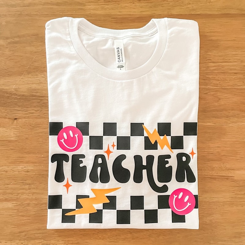 Teacher Checkered Tee, Adult Unisex Bella Canvas T-Shirt, White, Short Sleeve Shirt, Trendy Top, Retro, Gift, Teacher Mode, Back to School - 2.jpg