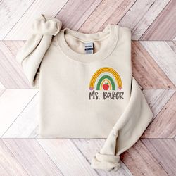 teacher rainbow personalized sweatshirt fleece , custom fleece with teacher name and pencil , teacher gifts