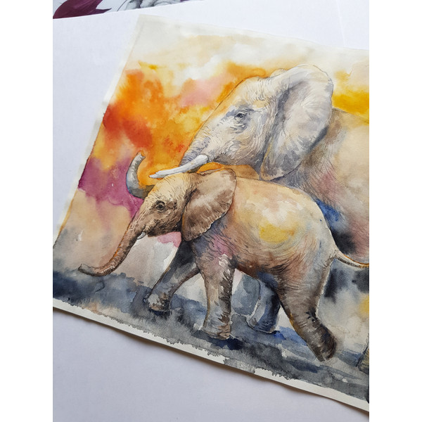 1 Watercolor artwork painting Elephants in the rays of the sunset 10.4 - 7.7 in (26.5 -  19.7  cm)..jpg
