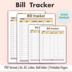 Bill Tracker, Bill Tracker Printable, Monthly Bill Tracker, Bill Template, Monthly Bill Tracker Printable, Printable Bil