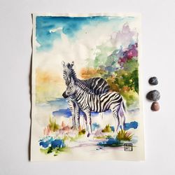 Watercolor artwork painting Two zebras