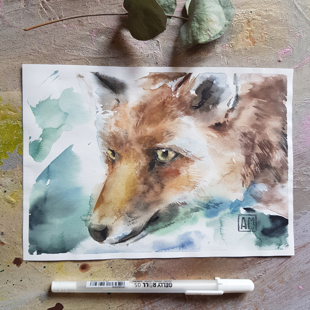 01 Watercolor artwork painting Fox in the forest 01, 7.7-5.3 in (19.8 - 13.7 cm)..jpg