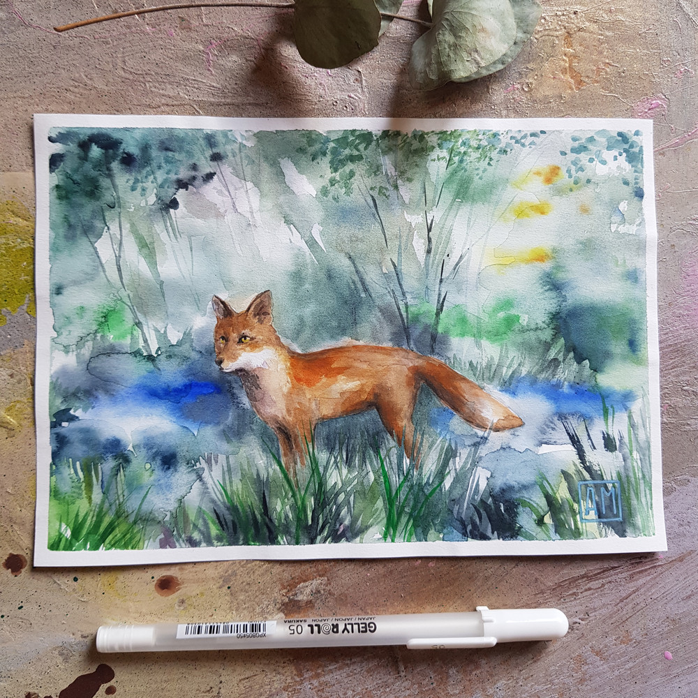 01 Watercolor artwork painting Fox in the forest 02, 7.7-5.3 in (19.8 - 13.7 cm)..jpg