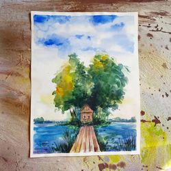 Watercolor artwork painting A secluded house