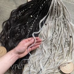 Dark brown & light blonde split mix of DE Dreadlock Extensions wave curls with textured braids