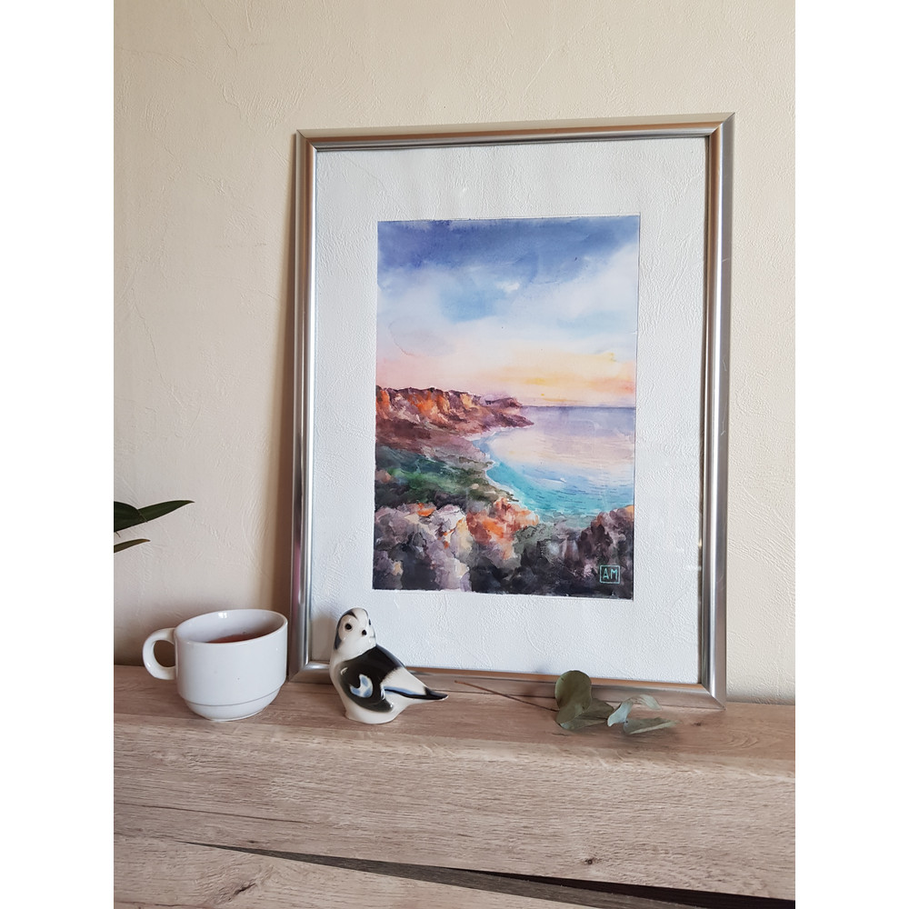 1 Watercolor artwork painting Seascape with sunset 7.7 - 11 in (19.8 - 28 cm)..jpg