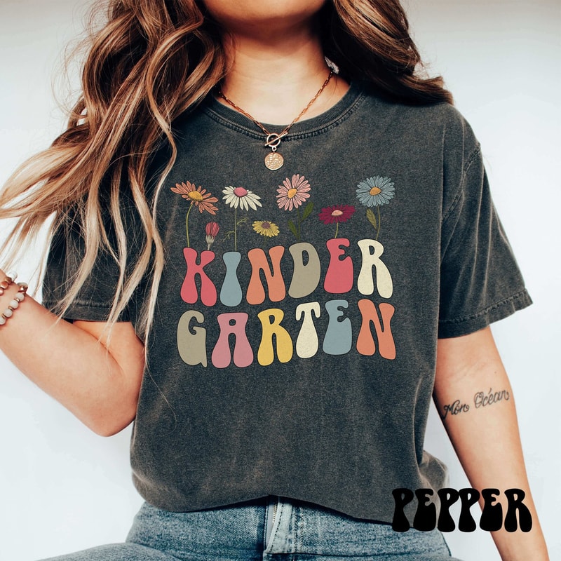 Floral Kindergarten Teacher Shirt, Comfort Colors Kinder Teacher Tee, Kindergarten Crew Tshirt, Kinder Wildflower Shirt, Pressed Flowers - 1.jpg