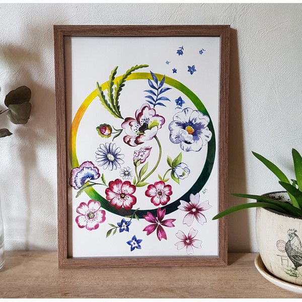 1 Watercolor artworkl painting in a frame -  flower arrangement  8.2 - 11.6 in ( 21-29,7cm )..jpg