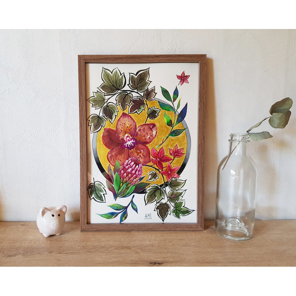 1 Watercolor artworkl painting in a frame -  flower arrangement 02.   8.2 - 11.6 in ( 21-29,7cm )..jpg