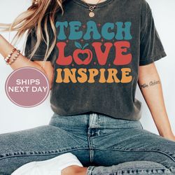 retro teacher comfort colors shirt, teacher tshirt, teach love inspire shirt, new teacher gift, back to school shirt, te