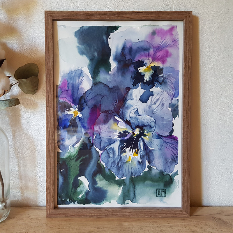 01 Watercolor artworkl painting in a frame - Flowers of violets 8.2 - 11.6 in ( 21-29,7cm )..jpg