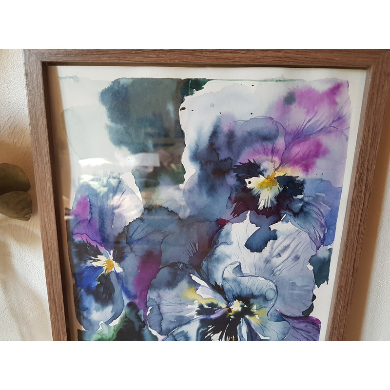 2 Watercolor artworkl painting in a frame - Flowers of violets 8.2 - 11.6 in ( 21-29,7cm )..jpg