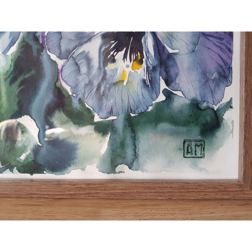3 Watercolor artworkl painting in a frame - Flowers of violets 8.2 - 11.6 in ( 21-29,7cm )..jpg