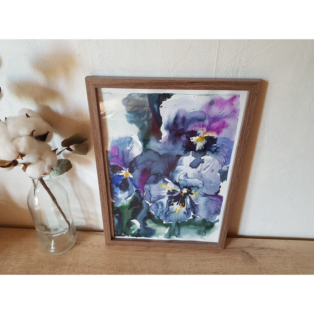 5 Watercolor artworkl painting in a frame - Flowers of violets 8.2 - 11.6 in ( 21-29,7cm )..jpg