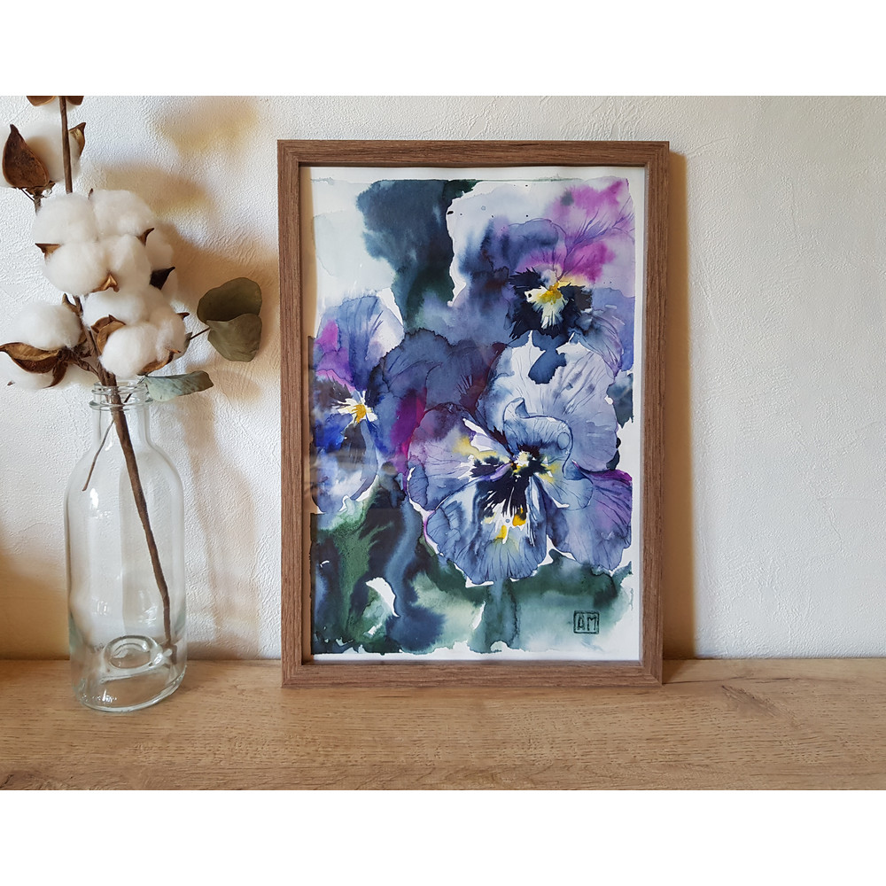 1 Watercolor artworkl painting in a frame - Flowers of violets 8.2 - 11.6 in ( 21-29,7cm )..jpg