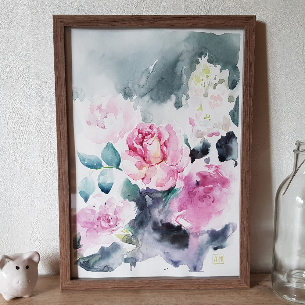 01 Watercolor artworkl painting in a frame - Rose Flower arrangement. 8.2 - 11.6 in ( 21-29,7cm )..jpg