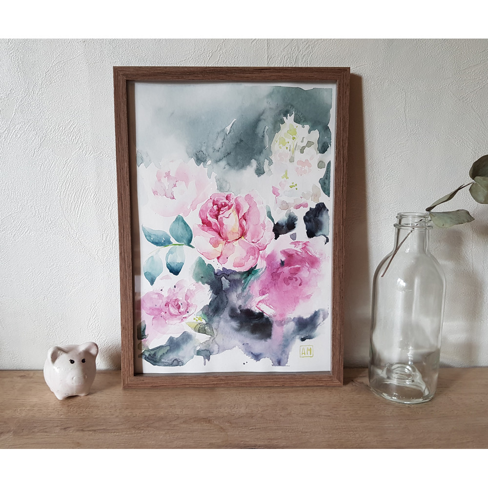 1 Watercolor artworkl painting in a frame - Rose Flower arrangement. 8.2 - 11.6 in ( 21-29,7cm )..jpg