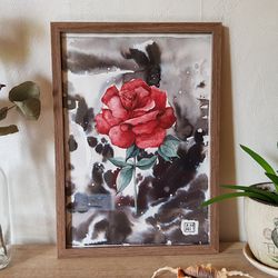 Original Watercolor and ink artwork hand painted mixed technique Red Rose