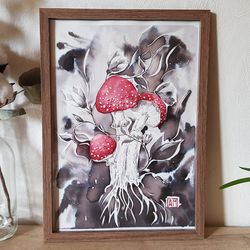 Original Watercolor and ink artwork hand painted mixed technique fly agaric mushroom