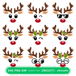 Christmas Reindeer Bundle Svg, Reindeer Face Svg, Merry Christmas Svg, Santa Claus Svg, Cricut, Silhouette Vectors
