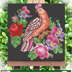 Vintage embroidery pattern Pink cockatoo and violets / Vintage cross stitch pattern Bird