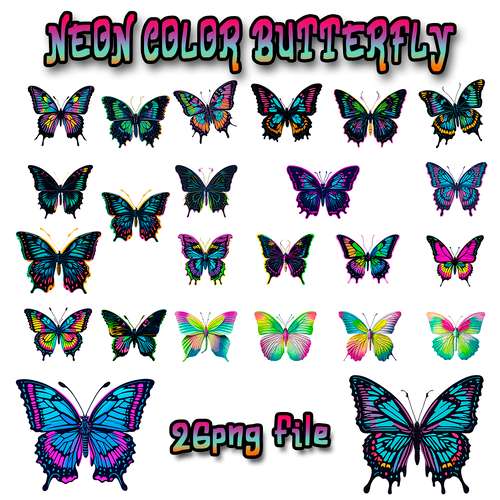 NEON COLOR BATTERFLY Digital file 26 PNG files Sublimation Digital File