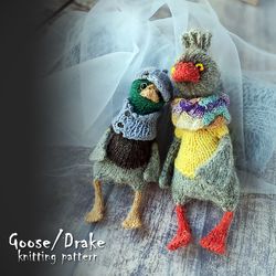 Goose, duck and drake knitting toy pattern, cute knitted bird, diy for kids gift, gift for women, master class knitting