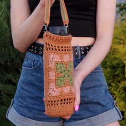 Water Bottle Holder Crochet. Festival, Picnic, Beach,Shopping, Bicycle Ride Eco-friendly. Geometry Shoulder Bottle Bag.