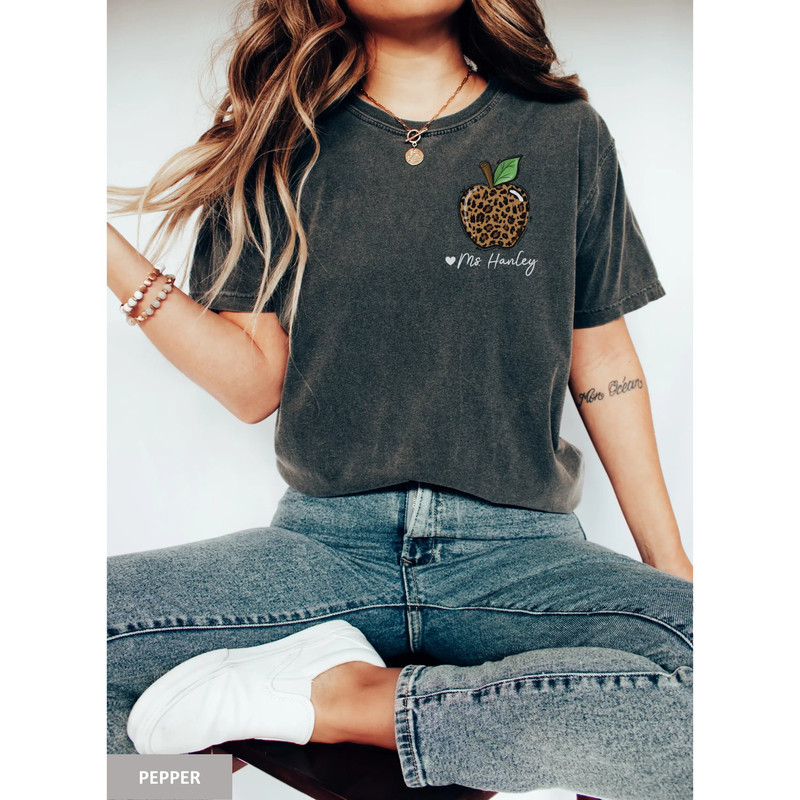 Custom Teacher Name Shirt, Personalized Comfort Colors Cheetah Teacher Tee, Teacher Pocket Apple TShirt, Gift for Teacher, Back to School - 2.jpg