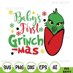 baby's first grinchmas svg , baby's first christmas svg, xmas, infant, baby, design, svg, onsie, pajamas rompers, stock