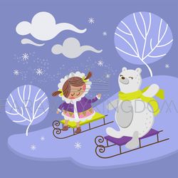 polar bear girl hand drawn flat design vector illustration