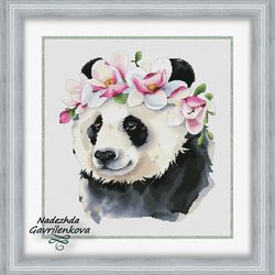 panda in a wreath. cross stitch pattern. cross stitch design. digital. pdf. saga