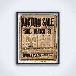 Ed Gein Farm auction sale broadside vintage true crime horror printable art print poster Digital Download
