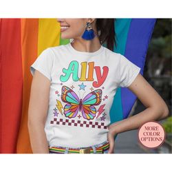 ally shirt , lgbtq butterflies graphic shirt , queer nature lover t-shirt , retro gay pride butterfly (ap-pri 110)