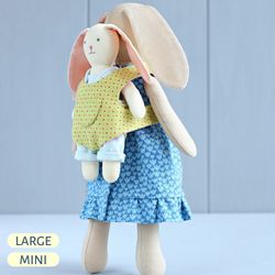 3 PDF Bunny Family (Large Bunny with Floppy Ears, Mini Bunny with Set of Clothes, Baby Carrier) Sewing Patterns Bundle
