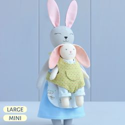 3 PDF Bunny Family (Large Bunny with Stand-up Ears, Mini Bunny with Set of Clothes, Baby Carrier) Sewing Patterns Bundle