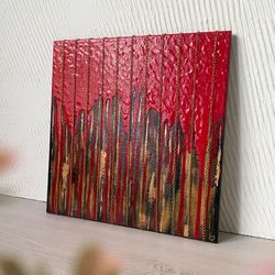 abstract red, black and gold acrylic painting, mixed media art