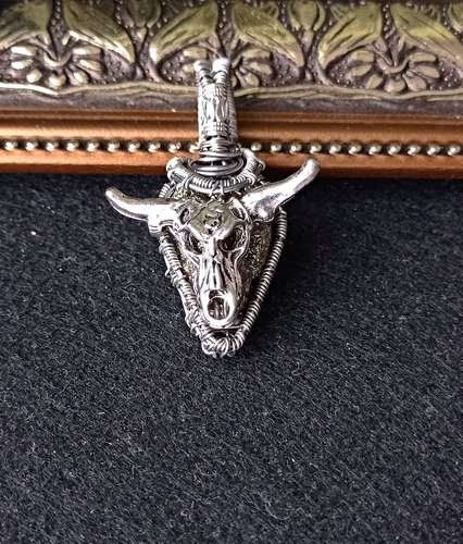 Copper pendant Skull of a bull on pyrite.Gift for a man,,woman,boyfriend,girl