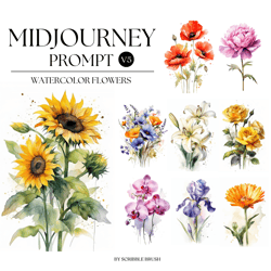 Midjourney Prompt, Flowers Prompt, Watercolor Flower Bouquet prompts, Ai Art, Midjourney V5