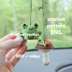 frog and mushroom rustic crochet pattern car hanging charm, amigurumi leggy frog, mushroom fall decor