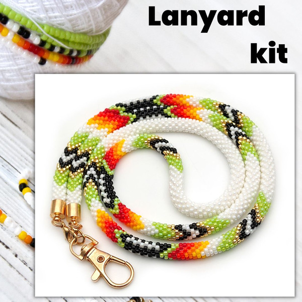 A detailed view of a DIY lanyard kit with a vibrant and colorful assortment of beads, crochet materials.