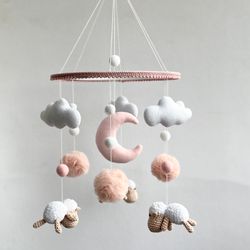 baby mobile pink sheep. Crib mobile moon and clouds mobile