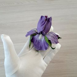 Lilac iris leather brooch for her , 3rd anniversary gift for wife, Leather women's jewelry