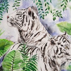 Watercolor artwork painting white tigers