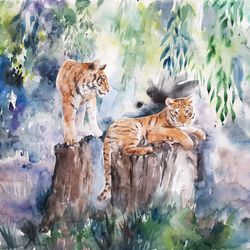 Watercolor artwork painting Landscape with tigers