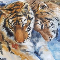 Watercolor artwork painting Family of tigers