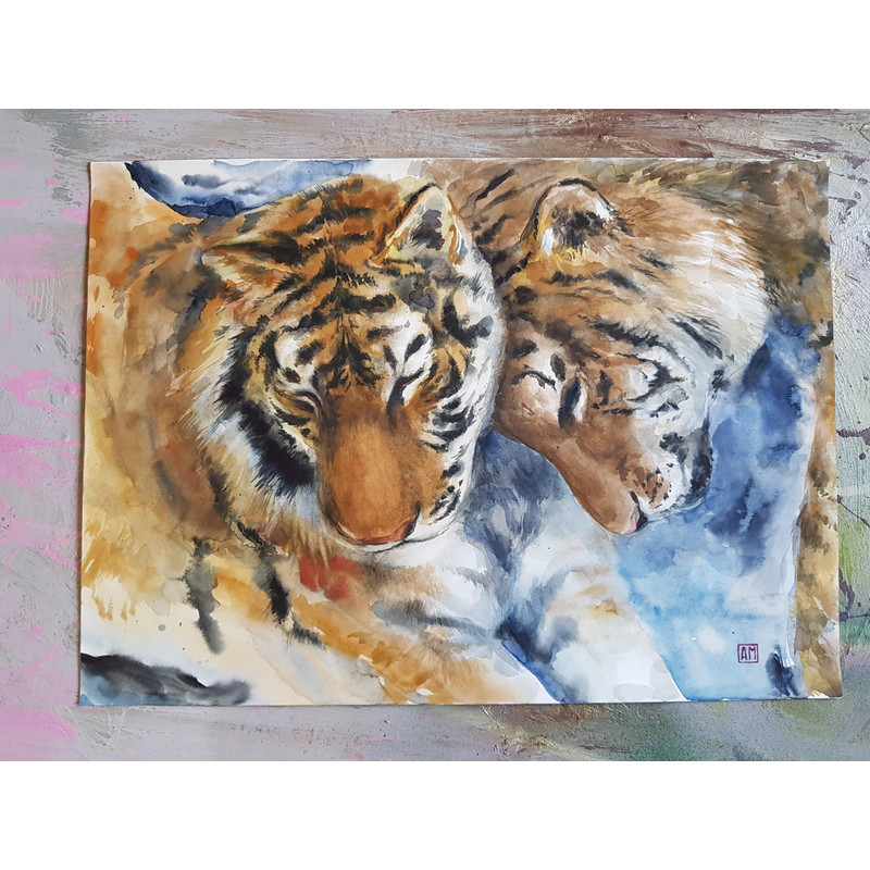 1 Watercolor artwork painting Family of tigers 21.2- 15.3 in (54 - 39 cm)..jpg