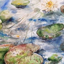 Watercolor artwork painting A pond with water lilies