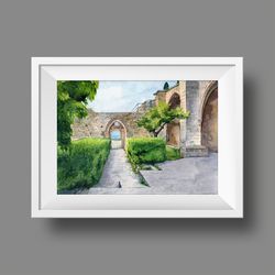Printables, Ruins of the old fortress, Watercolor digital file, Urban landscape, Views of Northern Cypys, Large poster