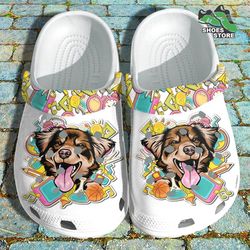 australian shepherd dog study flower back to school crocs, animal crocs, dog crocs, australian shepherd crocs